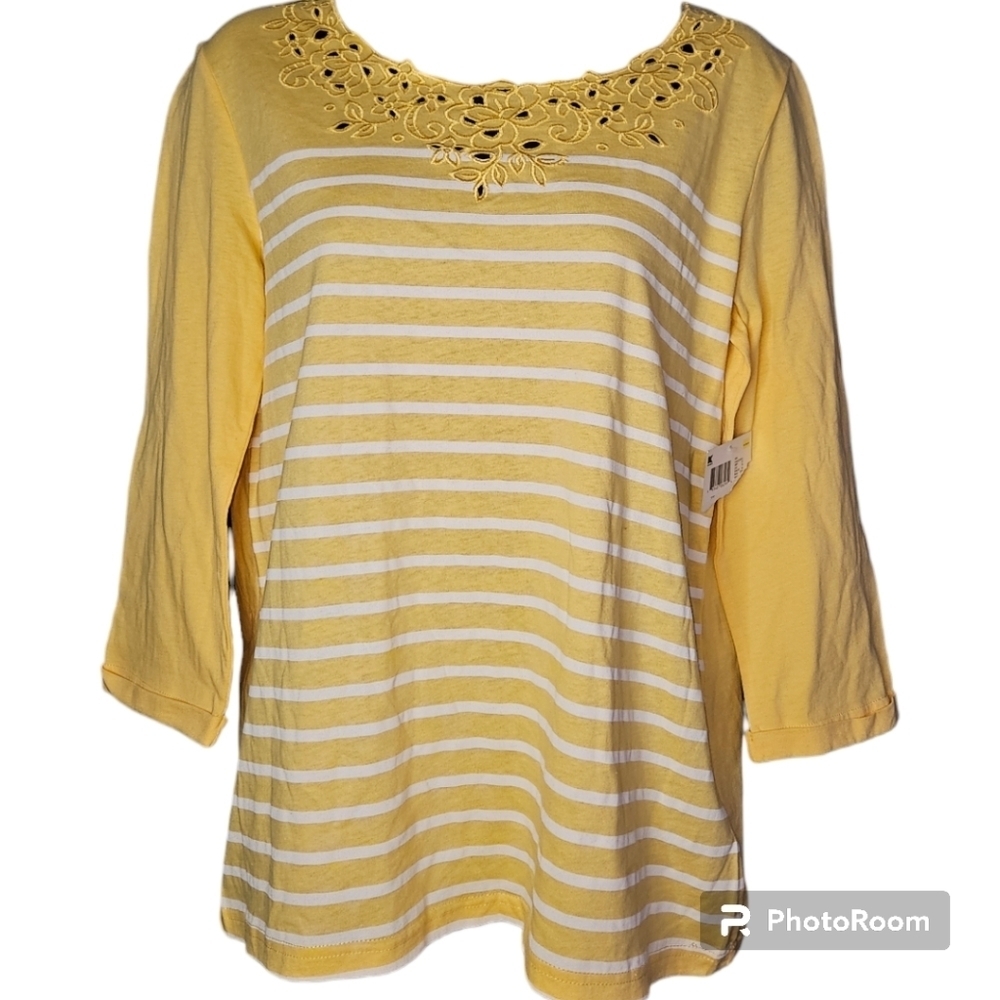 NWT Basic Editions Embroidery Collar Stripe Quarter Length Sleeve Top